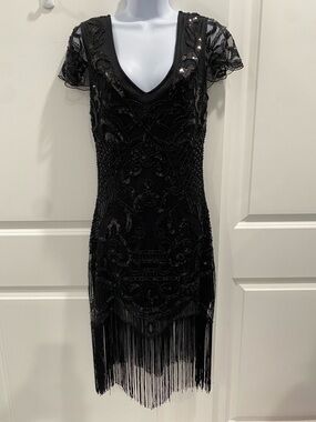 Unique Vintage Black Beaded Fringe Flapper V-Neck Midi Dress Cap Sleeve Size